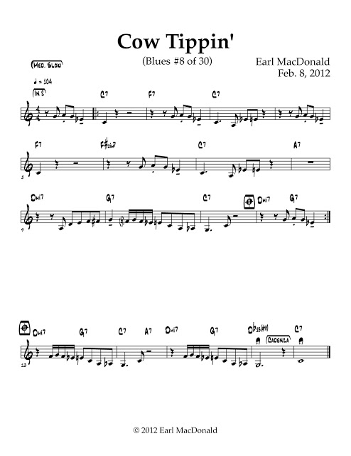 The sheet music for "Cow Tippin," a piece of music composed by jazzman, Earl MacDonald.