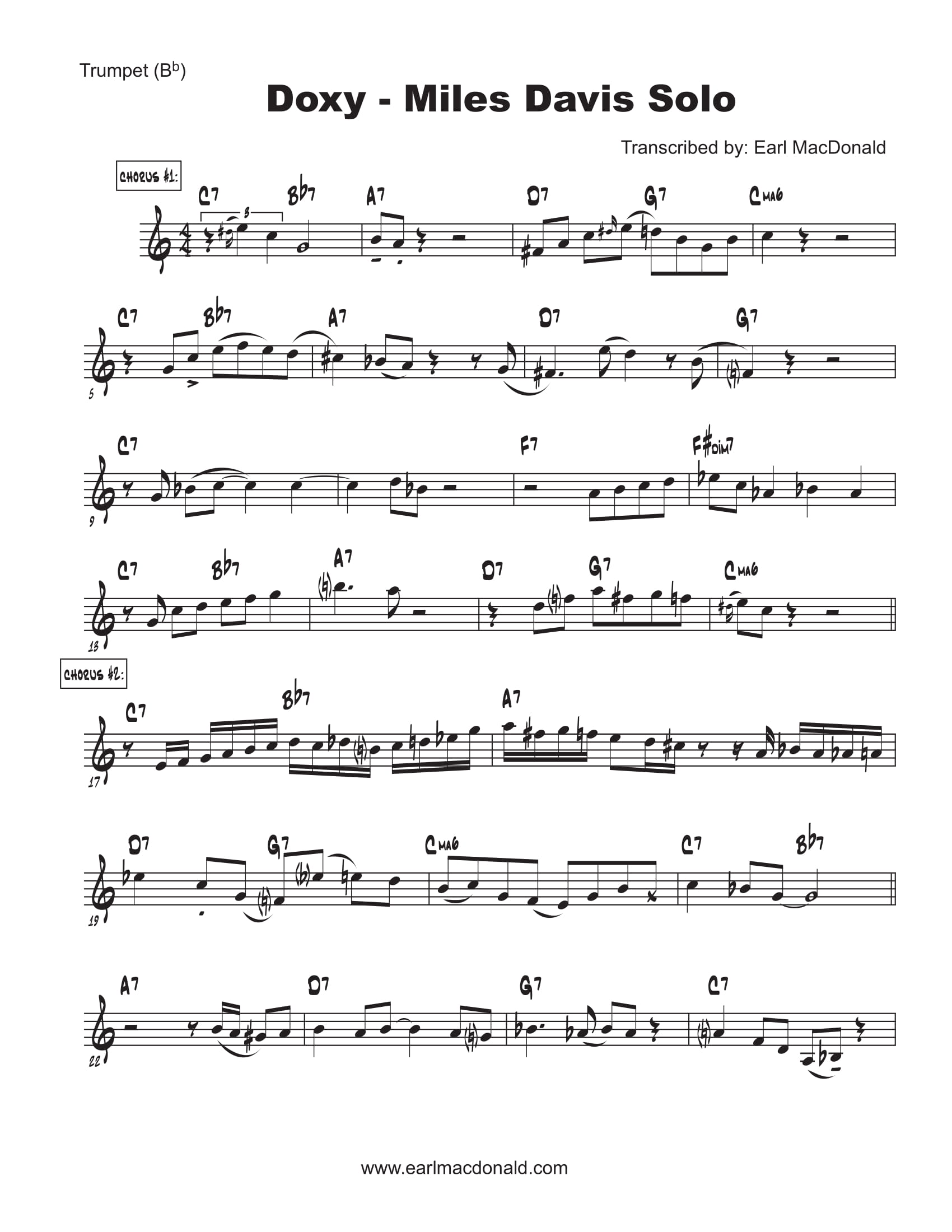 A Miles Davis solo transcription of "Doxy." for trumpet, recorded in 1954. (Page 1 of 2)