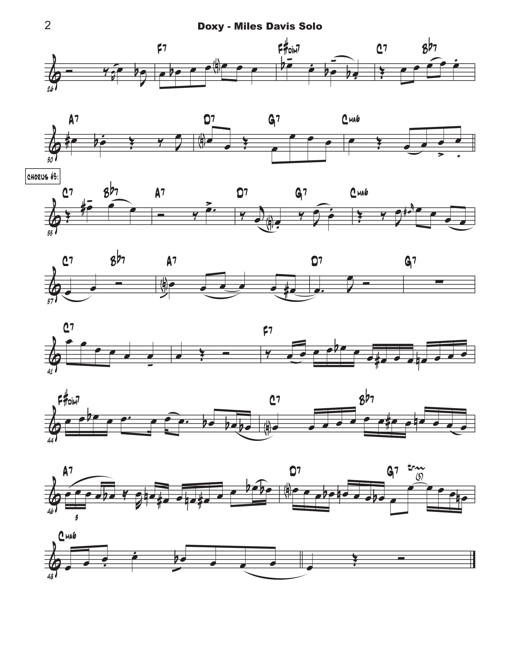 A Miles Davis solo transcription of "Doxy." for trumpet, recorded in 1954. (Page 2 of 2)