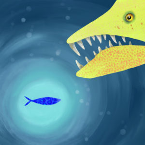 The "By Our Love" cover image. A large, intimidating fish is about to eat a little fish, illustrating an imbalance in power.