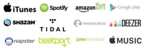 Logos for the various online music streaming and downloading companies.